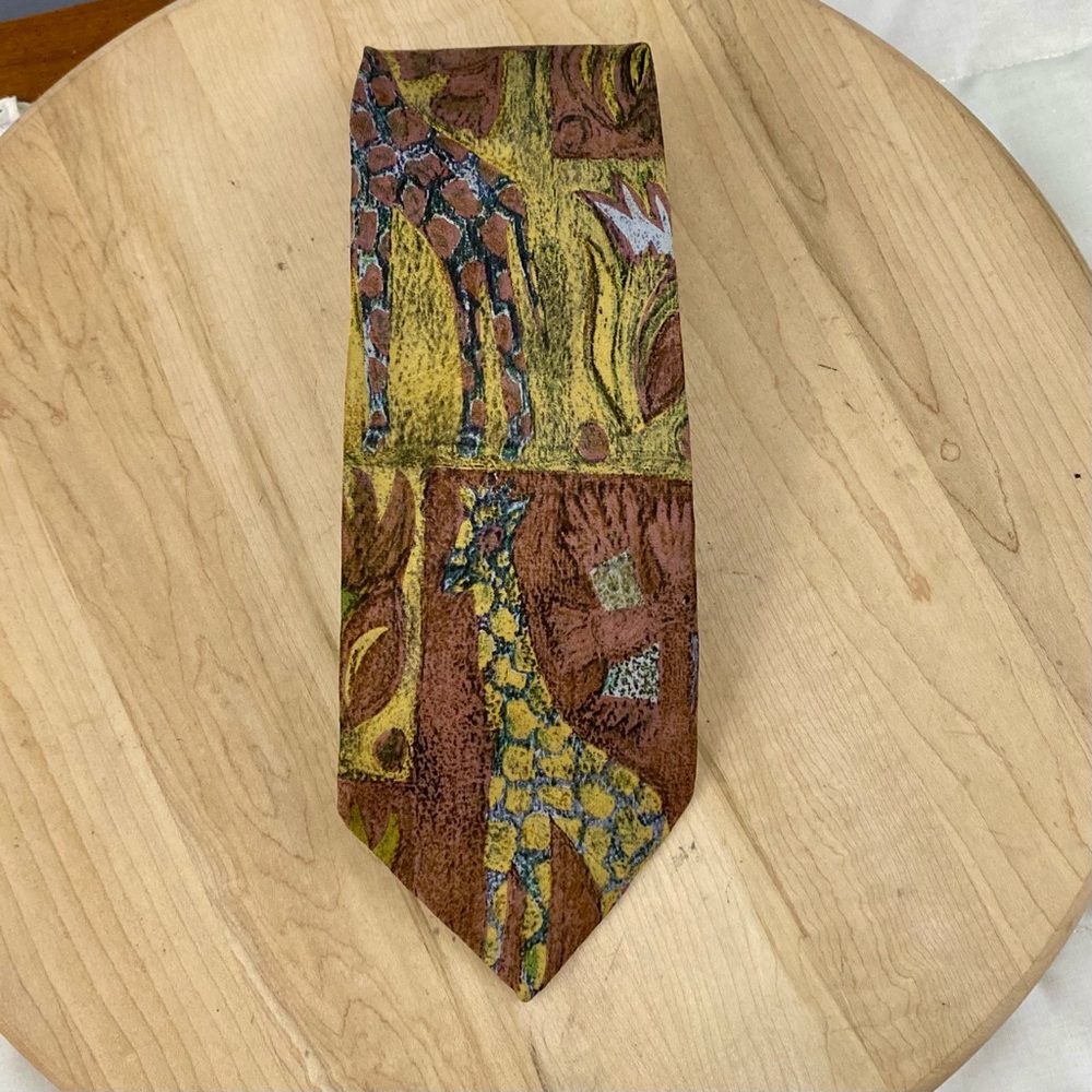 Ermenegildo Zegna Mens Tie Woven 100% Silk Yellow Brown Geometric Animal‎ Print